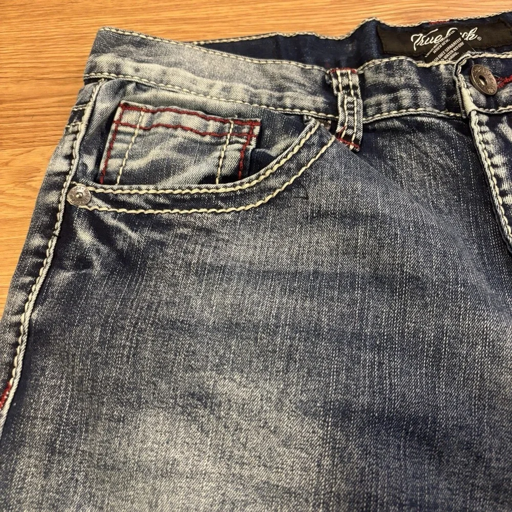 True Luck Jeans Mens 34x30 Dark Distressed Wash Straight Leg Red Stitching Faded